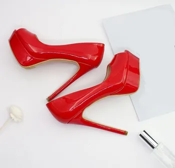 Sexy New Red Wedding Super Thin High Heel 3.5 CM Platformy Peep Toe Shoes Women buty łódeczki z naturalnej skóry lakierowanej, Buty do klubu nocnego C020A