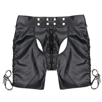 Seksowna bielizna New Hot Black Mens Latex-u PVC-Bondage Open Cortch Szorty Gothic Gay Men faux koronki egzotyczne spodnie