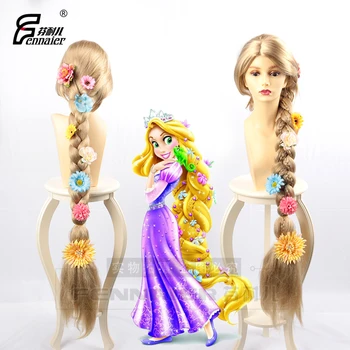 Halloween kobiety Księżniczka tangled Rapunzel cosplay peruka blond warkocz włosy fabularna długie złote plecione włosy z kwiatami