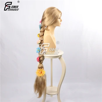 Halloween kobiety Księżniczka tangled Rapunzel cosplay peruka blond warkocz włosy fabularna długie złote plecione włosy z kwiatami