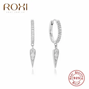 ROXI koreański biżuteria proste, geometryczne kolczyki 925 srebro CZ trójkąt wisiorek kolczyki pręta dla kobiet Huggie biżuteria
