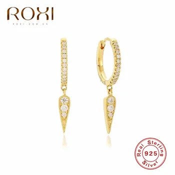 ROXI koreański biżuteria proste, geometryczne kolczyki 925 srebro CZ trójkąt wisiorek kolczyki pręta dla kobiet Huggie biżuteria
