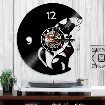 Nowoczesny Design Ścienne Artystyczne, Dekoracyjne, Zegary Ścienne Cat Kitty Animal Vintage Vinyl Record Time Clocks Prezent Dla Kota Pet Lover