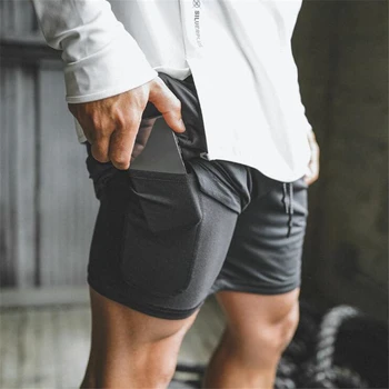 Męskie 2 w 1 spodenki sportowe Męskie sportowe fitness spodenki moro szybkoschnące Slim fit treningowe biegacze krótkie spodnie kieszenie bezpieczeństwa