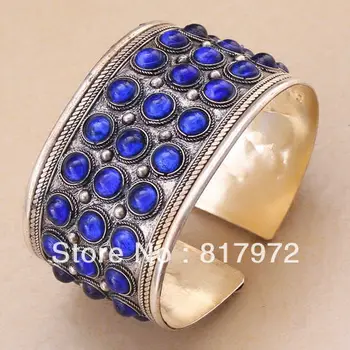 Urok niebieski lapis lazuli więcej bling linkę wkładka Tybet srebrny bransoletka mankiet jakość regulowany prezent party &6YB00031