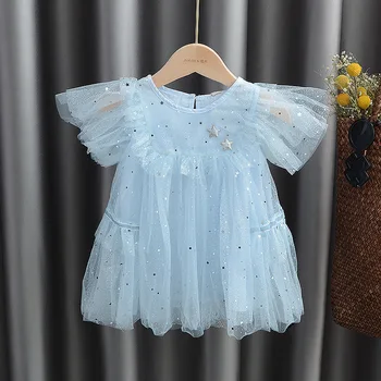 2020 Baby Girls Sweet mesh Dress pięcioramienna gwiazda błyszczy dziewczyny Księżniczka welon suknia dzieci baby girl tkaniny