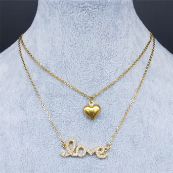 AFAWA Cyrkon miedź stal nierdzewna miłość Naszyjnik dla kobiet serce kolor złoty warstwowe naszyjniki biżuteria cadenas mujer N90S01