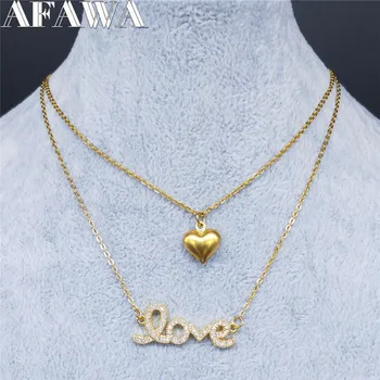 AFAWA Cyrkon miedź stal nierdzewna miłość Naszyjnik dla kobiet serce kolor złoty warstwowe naszyjniki biżuteria cadenas mujer N90S01