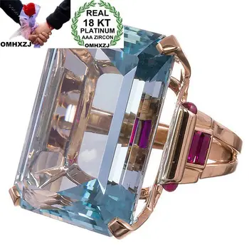OMHXZJ Hurtownia europejska moda kobieta mężczyzna partia ślubny prezent luksusowy kwadratowy niebieski topaz Cyrkon 18KT różowe złoto pierścionek RR556