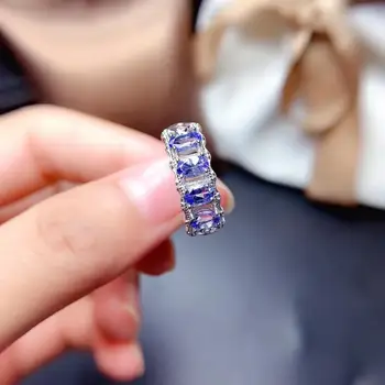 Naturalny tanzanite pierścień S925 srebro Panie białe złoto biżuteria naturalny kamień biżuteria, proste szereg pierścień Lady biżuteria