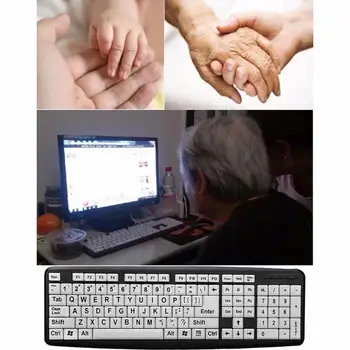 Duża drukowanie USB klawiatura czarne litery białe klawisze wysokokontrastowa komputerowa klawiatura do gier Pro duży druk seniorzy dla seniorów