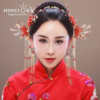 Himstory Chiński Tradycyjny Złoty Czerwony Ślubny Stroik Ozdoba Do Włosów Handmade Długi Pędzelek Pałąk Kwiat Spinki Do Włosów Nakrycia Głowy