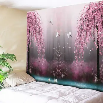 Różowy kwiat i ptak druku ogromny gobelin ścienny tanie hippie ściany wisi sztuka dywan artystycznej dekoracyjny salon duży koc