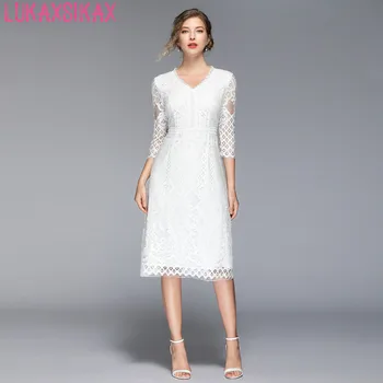 LUKAXSIKAX 2020 nowe wiosenno-letnie sukienki wysokiej jakości hollow, biała sukienka RUNWAY Sexy V-neck bez rękawów suknie wieczorowe