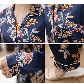 CAIYIER 2021 sexy kobiety jedwab satyna zestaw piżamy z długim rękawem spodnie Damskie piżamy party kwiat wydruku starszy w domu odzież-XL