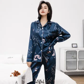 CAIYIER 2021 sexy kobiety jedwab satyna zestaw piżamy z długim rękawem spodnie Damskie piżamy party kwiat wydruku starszy w domu odzież-XL