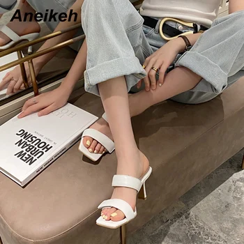 Aneikeh 2021NEW letnia moda Damska mała PU stałe na zewnątrz cienkie obcasy wypoczynek kwadratowy nosek kolor brązowy biały różowy rozmiar 35-39
