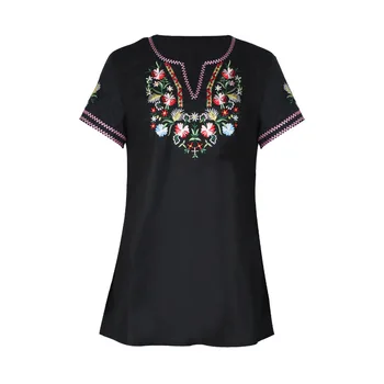 2021 kobiety w stylu retro haft t-shirty z krótkim rękawem damska koszulka boho kwiatowy wzór koszule letnie super koszula
