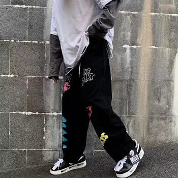 NiceMix Harajuku Kontrast Graffiti List Koreański Hip-Hop Meble Ubrania Luźne Spodnie Wysoka Talia Długość Kostki Vintage Letni Strój Sportowy