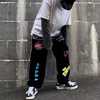 NiceMix Harajuku Kontrast Graffiti List Koreański Hip-Hop Meble Ubrania Luźne Spodnie Wysoka Talia Długość Kostki Vintage Letni Strój Sportowy