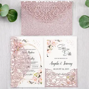 50szt różowe złoto kolor elegancki kwiat cięcie laserowe ślubne kartki blask promienny zaproszeniu kieszeń na ślub z kopertą
