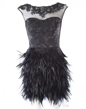 Czarne Koronki Sukienki Koktajlowe Spódnica Z Piór Krótkie Mini Sukienka Bez Rękawów Suknia Wieczorowa 2019 Custom Vestidos De Soiree