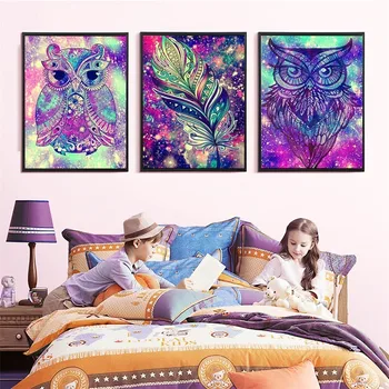 HUACAN Diamond Embroidery Owl DIY Diamond Painting Cartoon Full Drill Square Decoration Home Feather Diamond Embroidery Flowers