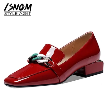 ISNOM Women Flats Square Toe Loafers Shoes Fashion Metal Chain Decor Ladies Shoes Patent Leather Shoes New Spring 2021