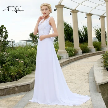 ADLN plażowe tanie suknie ślubne z aplikacją V-neck szyfonowe sukienki na wesele biały/kość słoniowa rozmiar plus suknie ślubne
