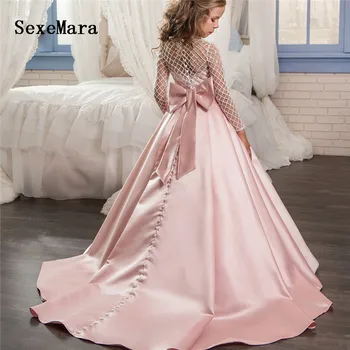 Sukienki z długim rękawem Flower Girl Dresses suknie balowe O-neck z kokardą satyna dekolt dziewczyny prywatne sukienki do pierwszej Komunii Vestidos
