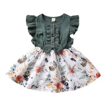 Nowy Maluch Baby Girl Princess Dress Vintage Kwiatowy Print Falbanki Partii Сплайсированные Sukienki Letnie Stroje