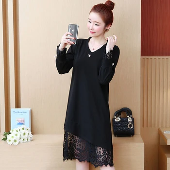 Plus rozmiar Kobieca czarna sukienka jesienna moda koreański Wolna V-neck koronkowe wykończenie z długim rękawem Бисерное sukienka Oversize Female Vestidos