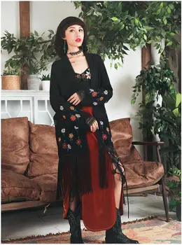Wiosna Jesień Kobiety Długa Koszula Vintage V-Neck Haft Hollow Kutas Codzienne Ultra Temat Czarny Вязаное Płaszcz Odzież Wierzchnia