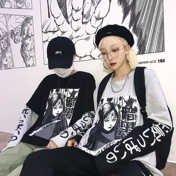 Harajuku stitching fałszywa t-shirt z dwóch części 2019 jesień ciemne komiks japoński druk gotycki styl O-neck koszulka z długimi rękawami