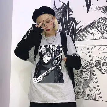 Harajuku stitching fałszywa t-shirt z dwóch części 2019 jesień ciemne komiks japoński druk gotycki styl O-neck koszulka z długimi rękawami
