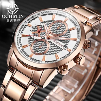 OCHSTIN mężczyźni Nowy Sport Biznes zegarek moda casual chronograf luksusowe stal nierdzewna wodoodporny różowy męski zegarek kwarcowy