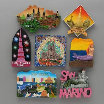 Magnesy na lodówkę Barcelona mozaika Burj Khalifa w Dubaju złota Birma Praga, San Diego, San Marino tajska Syrena dekoracje domu, prezenty