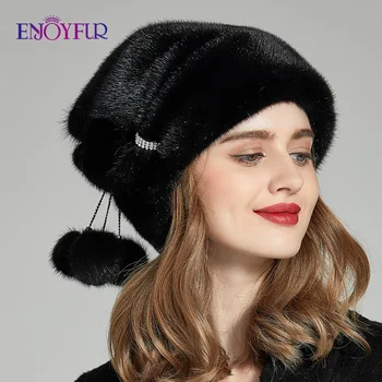 ENJOYFUR zimą futro norek kapelusze prawdziwe futro pompona moda damska Czapka nowy, luksusowy futra norek Lady czapka