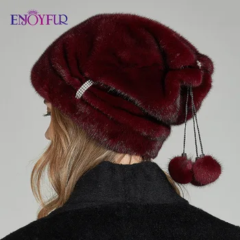 ENJOYFUR zimą futro norek kapelusze prawdziwe futro pompona moda damska Czapka nowy, luksusowy futra norek Lady czapka