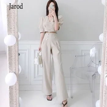 2020 Ladies Business women two piece outfits Formal OL style Elegant Puff short sleeve tops + High waist Long Pants 2 Pieces Set
