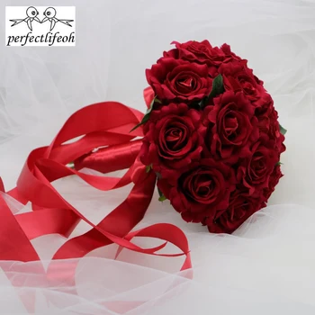 Perfectlifeoh Hot Red Wedding Bouquet bukiet ślubny ślubna ozdoba Foamflowers Rose Bridal Bouquet