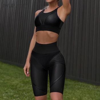 IWUPARTY Sexy Women Black Zestawiania Set Training Brassier Fitness Sports Bra Tank Top Female GYM Push Up Shorts 2pieces Suit