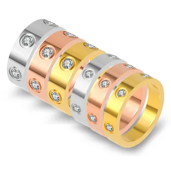 Tytanu Stali 4 mm 6 mm klasyczny miłosny pierścień CZ pierścień Kryształ luksusowy znane marki pierścionek zaręczynowy dla kobiet złoty kolor miłośników biżuterii
