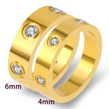 Tytanu Stali 4 mm 6 mm klasyczny miłosny pierścień CZ pierścień Kryształ luksusowy znane marki pierścionek zaręczynowy dla kobiet złoty kolor miłośników biżuterii