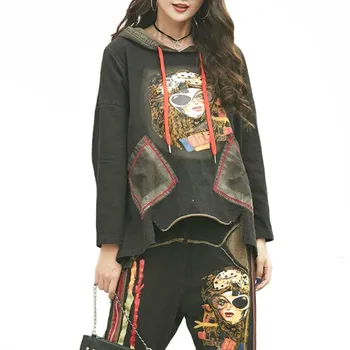 2020 Koreańska Moda Wiosna Panie 2 Szt. Zestawów Topy Spodnie Kobiety Vintage, Z Kapturem, Jeansy Drukowany Dres Klubowe Stroje Lounge Wear