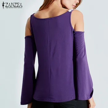 Sexy bluzka z otwartymi ramionami ZANZEA jesień kobieta 2019 dekolt V-neck koszule luźne topy z długim rękawem Blusas plus rozmiar tuniki 5XL