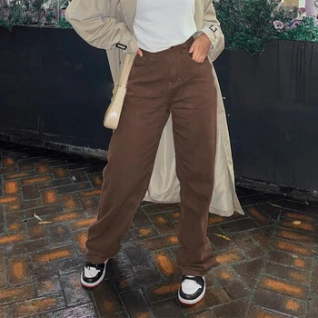 Y2K codzienne proste dżinsy Damskie 90-tych rocznika długie spodnie z wysokim stanem damskie brązowe temat spodnie capri jesienna odzież