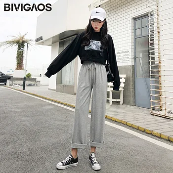BIVIGAOS Women New Long Sweatpants szare spodnie z wysokim stanem Drop temat proste spodnie sportowe spodnie Damskie wiosna jesień