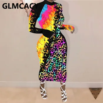 Kobiety Malarstwo Leopard Drukowane Sukienka Z Długim Rękawem Bodycon Midi