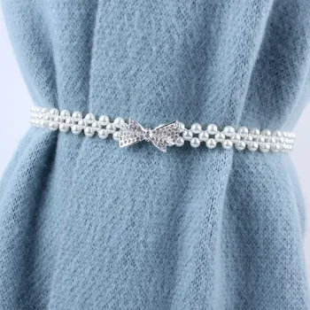 Panie kobiety biały stretch elastyczny pas drukowanie cienki łańcuch rozrządu perła rhinstone do sukni halka biżuteria moda pasa prezenty